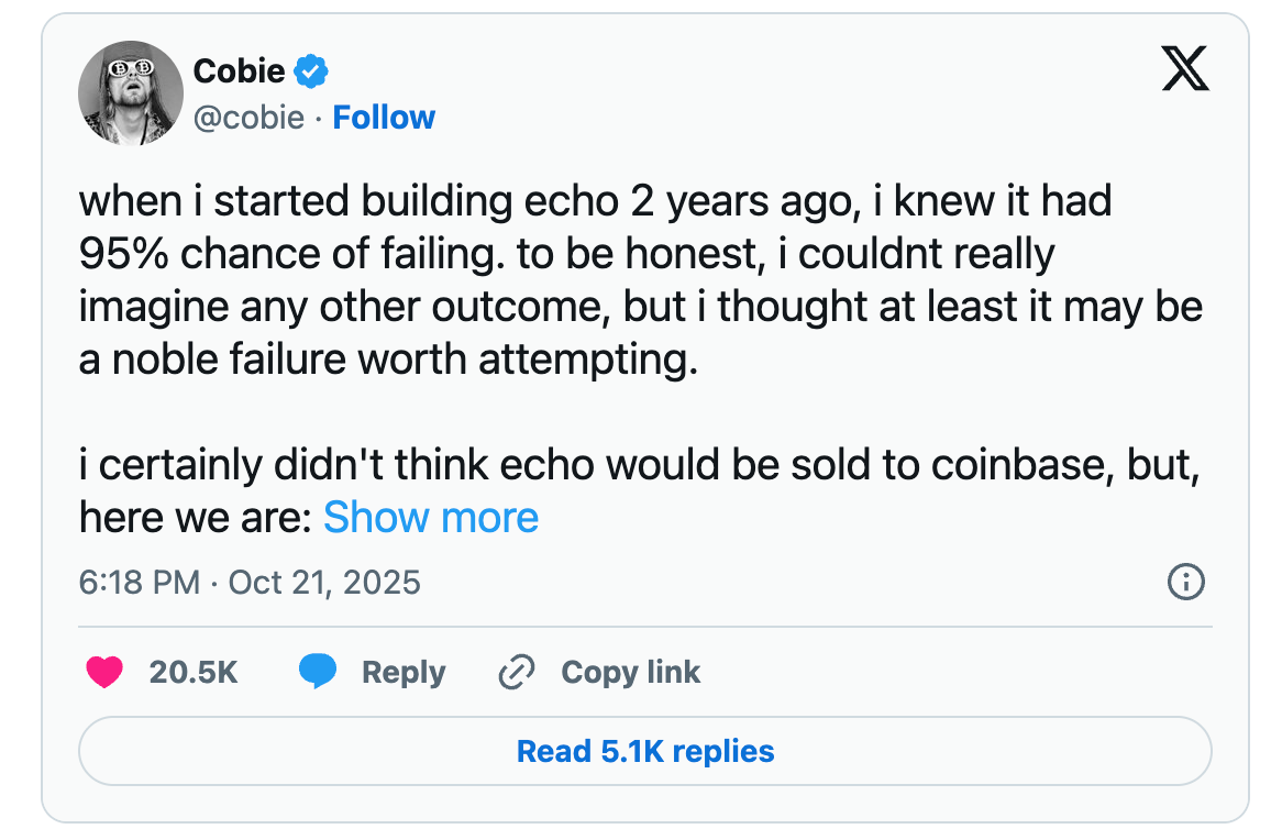 Coinbase收购Echo背后:Cobie从200美元入圈到名利双收的13年 Coinbase收购Echo背后:Cobie从200美元入圈到名利双收的13年