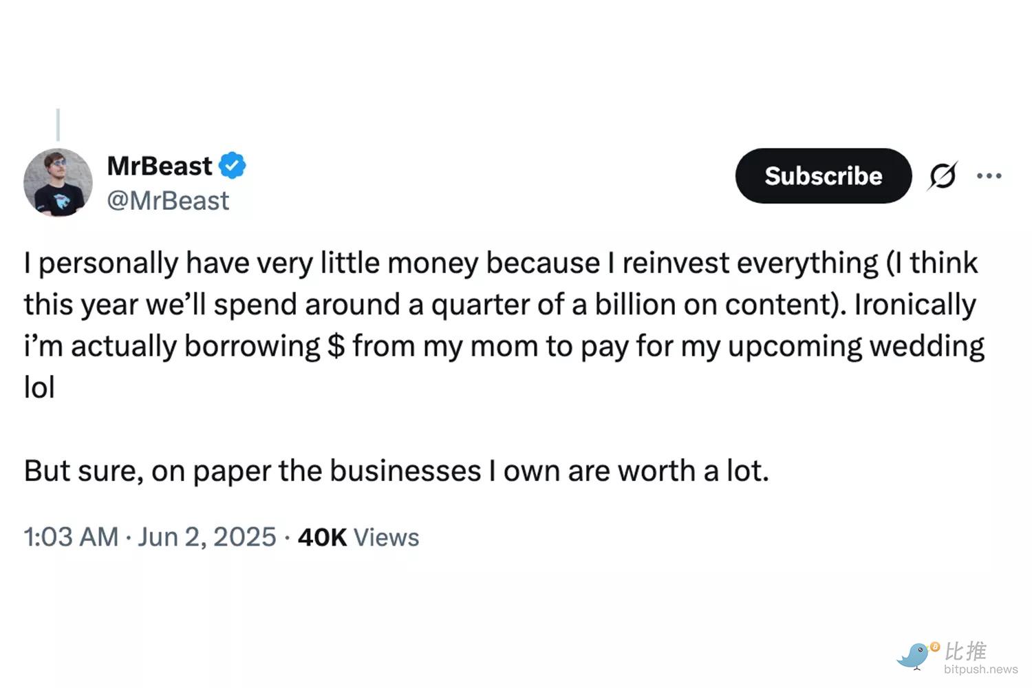 跨界联合：Tom Lee投资2亿美元，牵手全球顶流野兽先生