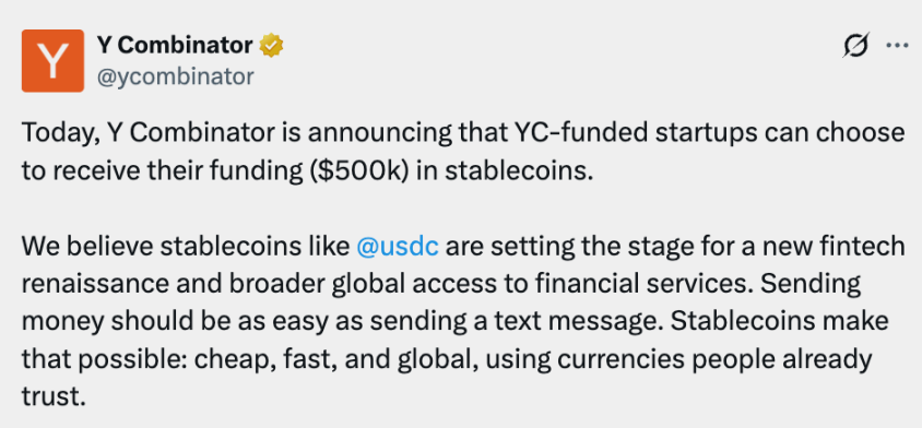 孵化出Coinbase14年后，YC终于决定用USDC发投资款了